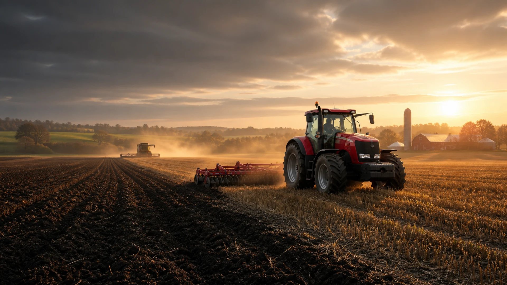 Tractor working a cultivated field